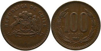 Чили 100 песо 1993 So KM 226.2, Schon 71 алюминиевая бронза 4544-1143