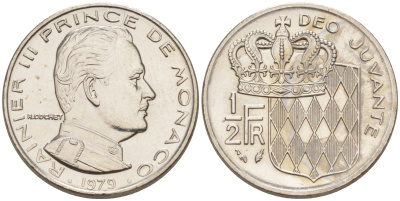 Монако 1/2 франка 1979 Ренье III (1949-2005) KM 145 никель UNC 190-523