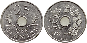 ДАНИЯ 25 ЭРЕ 1967 С; S, ФРЕДЕРИК IX (1947-1972) KM 855.1 медно-никель UNC 4398-954