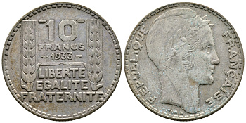 Франция 10 франков 1933 Пьер Тюрен KM 878, Le Franc 360.6 серебро 63-934