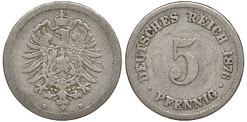 Германия 5 пфеннигов 1876 B, старогербовка KM 3, J. 3 медно-никель 51-3057