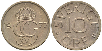 Швеция 10 эре 1977 Карл XVI Густав (1973- ) KM 850 медно-никель UNC 187-826