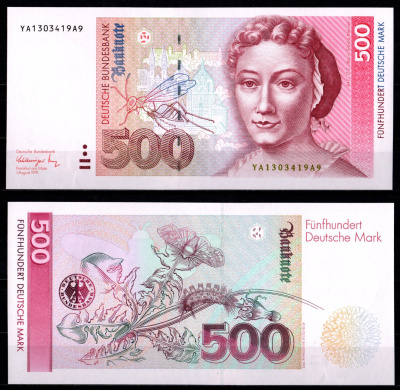 ФРГ 500 марок 1991 Мария Сибилла Мериан, оса Pick 43 a бумага aUNC 451-1150-1