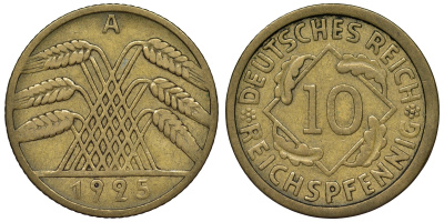 Германия 10 рейхспфеннигов 1925 A KM 40, J. 317 алюминиевая бронза 4121-912