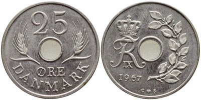 Дания 25 эре 1967 С; S, Фредерик IX (1947-1972) KM 855.1 медно-никель UNC 4398-954