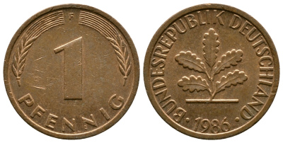ФРГ 1 ПФЕННИГ 1986 F KM 105, J.380 сталь плакированная медью 179-1026