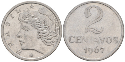 БРАЗИЛИЯ 2 СЕНТАВО 1967 ГОЛОВА СВОБОДЫ ВЛЕВО KM 576.1 нержавеющая сталь 187-528