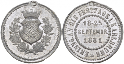 ШВЕЦИЯ СУВЕНИРНАЯ МЕДАЛЬ 1881 В ПАМЯТЬ О ПРАЗДНИЧНЫХ ДНЯХ 18-25 СЕНТЯБРЯ 1881 В КАРЛСРУЭ, ЗА ВЕРНОСТЬ, ДИАМЕТР 31 ММ., ВЕС 13,33 ГР., С ОТВЕРСТИЕМ ДЛЯ НОШЕНИЯ цинк 4537-713