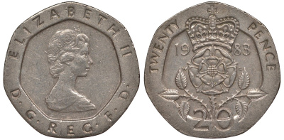 Великобритания 20 пенсов 1983 Елизавета II (1952-2022) KM 931, Spink 4230 (G1) медно-никель 4128-733
