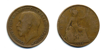 Великобритания 1 пенни 1916 Георг V (1910-1936) КМ 810, Spink 4051 бронза 47-131