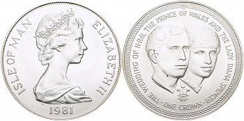 Остров Мэн 1 крона 1981 Королевская свадьба принца Чарльза и леди Дианы, портреты КМ 82a серебро UNC 1081-9-13