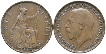 Великобритания 1 пенни 1914 Георг V (1910-1936) KM 810, Spink 4051 бронза 32-512
