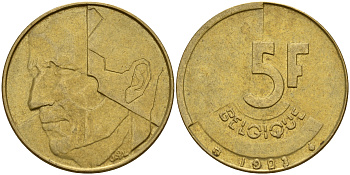Бельгия 5 франков 1992 Belgique KM 163 алюминиевая бронза плакированная латунью    4187-434