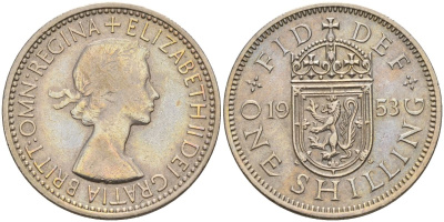 Великобритания 1 шиллинг 1953 Елизавета II (1952-2022), Шотландский герб KM 891, Spink 4140 медно-никель 4153-925