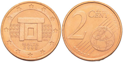 Мальта 2 евроцента 2008 KM 126 сталь плакированная медью UNC 54-1058