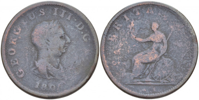 Великобритания 1/2 пенни 1806 Георг III (1760-1820) KM 662, Spink 3781 медь 4545-216