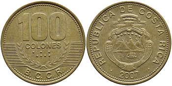 КОСТА-РИКА 100 КОЛОН 2007 B.C.C.R. KM 240а сталь плакированная латунью 59-335