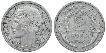 Франция 2 франка 1945 KM 886а.1, Le Franc 269.5 алюминий 4123-334