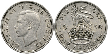 Великобритания 1 шиллинг 1950 Георг VI (1936-1952), Английский герб KM 876, Spink 4108 медно-никель 4171-616