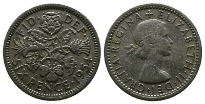 Великобритания 6 пенсов 1954 Елизавета II (1952-2022) KM 903, Spink 4149 медно-никель 4381-639