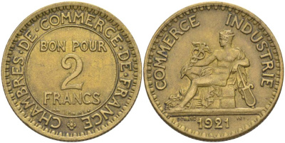 ФРАНЦИЯ 2 ФРАНКА 1921 ТИП CHAMBRES DE COMMERCE KM 877, LE FRANC 267.3 алюминиевая бронза 69-1136