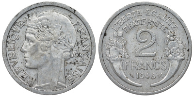 Франция 2 франка 1945 KM 886а.1, Le Franc 269.5 алюминий 4123-334