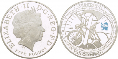 Великобритания 5 фунтов 2011 Елизавета II (1952-2022), XXX Летние Олимпийские игры 2012 в Лондоне 2012 - Обратный отсчет 1 год до начала, велосипедный спорт, KM 1202, Spink LO35 серебро PROOF 04-136-24