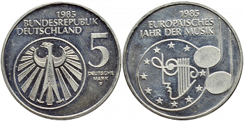 ФРГ 5 МАРОК 1985 F, ГОД МУЗЫКИ КМ 162, J.437 медно-никель плакированный никелем UNC 1520-1412