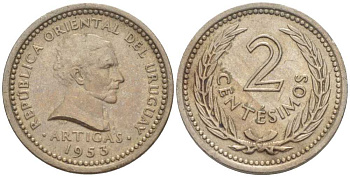 УРУГВАЙ 2 СЕНТЕСИМО 1953 ХОСЕ ХЕРВАСИО АРТИГАС KM 33 медно-никель 105-763