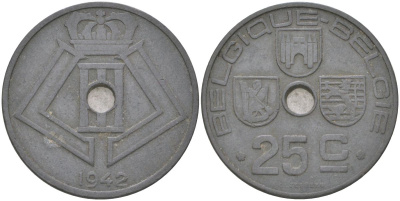 Бельгия 25 сантимов 1942 Belgique - Belgie, германская оккупация, Вторая мировая война KM 131 цинк 4159-647