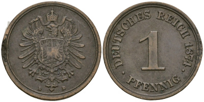 Германия 1 пфенниг 1874 D, Вильгельм I (1871-1888) KM 1, J. 1 медь 4181-129