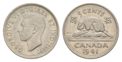 Канада 5 центов 1941 Георг VI (1936-1952), бобр KM 33 никель 4630-645
