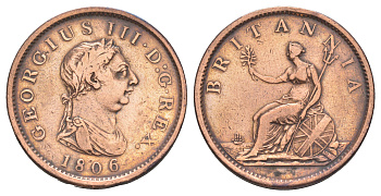 Великобритания 1 пенни 1806 Георг III (1760-1820) KM 663, Spink 3780 медь 3711-911