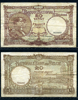 Бельгия 20 франков 1945 08.02.1945, Король Альберт I и его жена Королева Елизавета, Гран-Плас / Гроте Маркт, Брюссель Pick 111 (3) бумага 6301-14-1-2