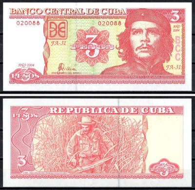 Куба 3 песо 2004 Че Гевара, Че Гевара рубит сахарный тростник Pick 127 a бумага UNC (пресс) 402-67-1-2