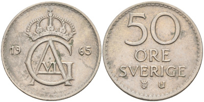 Швеция 50 эре 1965 U, Густав VI Адольф (1950-1973) KM 837 медно-никель 4380-851