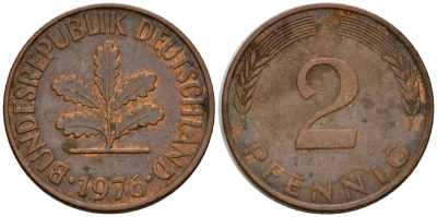 ФРГ 2 пфеннига 1976 G KM 106a, J.381 сталь плакированная медью 4602-819