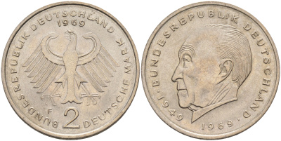 ФРГ 2 марки 1969 F, Конрад Аденауэр KM 124 никель плакированный медно-никелем  UNC  4126-1256