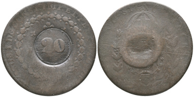 БРАЗИЛИЯ 20 РЕЙСОВ 1835 НАДЧЕКАНКА НА 40 РЕЙСАХ 1829, ПЕДРО I KM 436.1 медь 51-4221