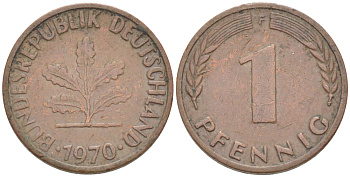 ФРГ 1 ПФЕННИГ 1970 F KM 105, J. 380 сталь плакированная медью 4181-554