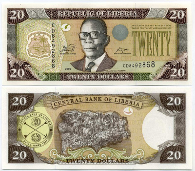 Либерия 20 долларов 2009 Central Bank, Уильям Табмен, рынок Pick 28 e бумага UNC (пресс) 448-72-2