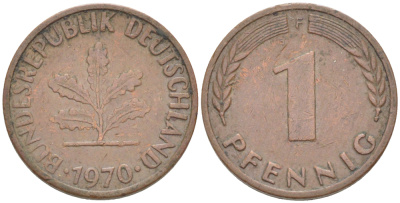 ФРГ 1 ПФЕННИГ 1970 F KM 105, J. 380 сталь плакированная медью 4181-554