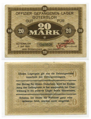 Германия 20 марок ND Гютерсло, лагерь военнопленных офицеров C-3065 бумага 000-00-00