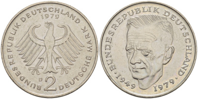 ФРГ 2 марки 1979 D, Курт Шумахер KM 149, J. 424 медно-никель плакированный никелем 67-633