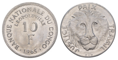 ДР Конго 10 франков 1965 год-тип KM 1 алюминий UNC 4653-612