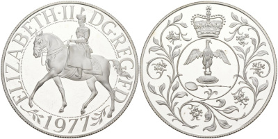 Великобритания 25 пенсов 1977 25 лет со дня коронации Елизаветы, в оригинальной коробке с сертификатом, Елизавета II (1952-2022) KM 920а, Spink 4227 серебро PROOF 00-00