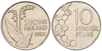 ФИНЛЯНДИЯ 10 ПЕННИ 1995 М, ЛАНДЫШ KM 65 медно-никель 192-1144