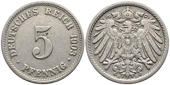 ГЕРМАНИЯ 5 ПФЕННИГОВ 1903 D KM 11, Jager 12, Weege 6 медно-никель 4547-431