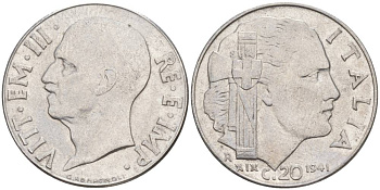 ИТАЛИЯ 20 ЧЕНТЕЗИМО 1941 R, ГОД XIX, ВИКТОР ЭММАНУИЛ III (1900-1946) KM 75b, VEM3. 1028 нержавеющая сталь 3853-825