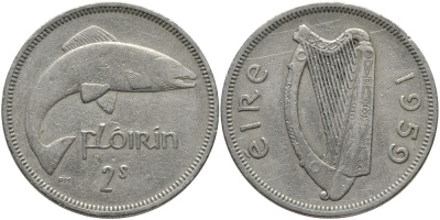ИРЛАНДИЯ 1 ФЛОРИН - 2 ШИЛЛИНГА 1959 ЛОСОСЬ KM 15а медно-никель 89-1722